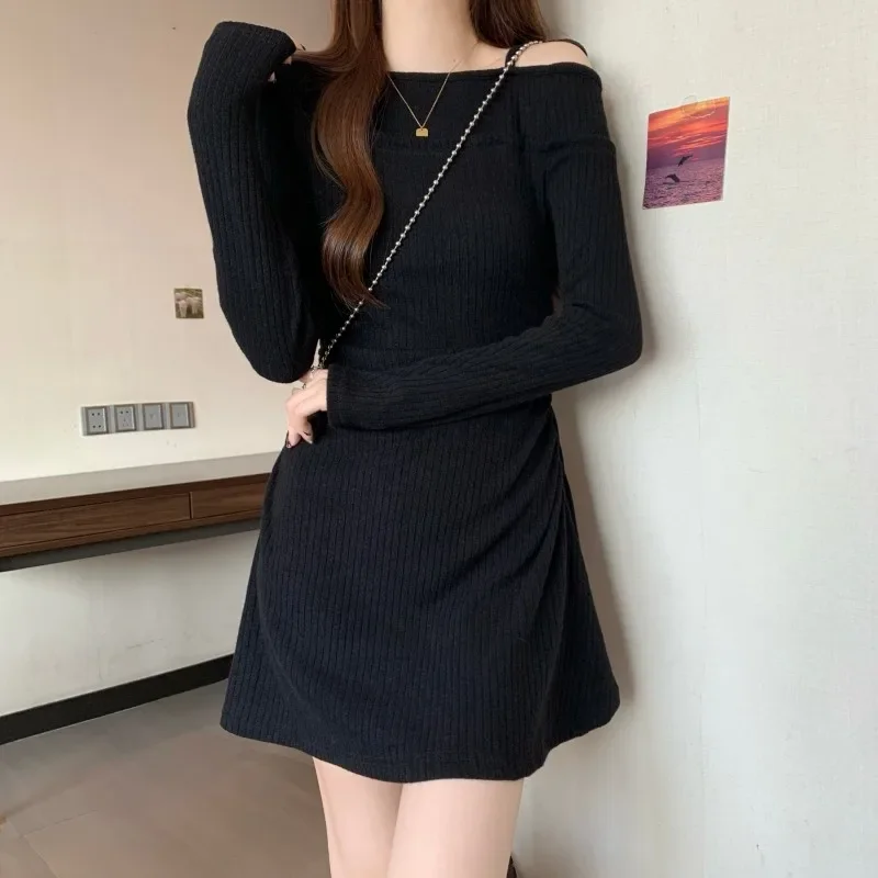 2025 Spring and Autumn plus off shoulder heart machine collar cinched waist A-line long sleeved dress solid color short skirt