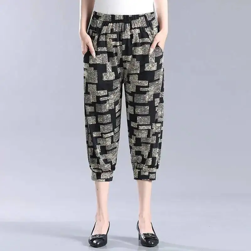 

Middle Aged And Elderly Women's Summer Thin Ice Silk Mother Printed Harem Pants Casual Elastic High Waist Loose Capris Pants