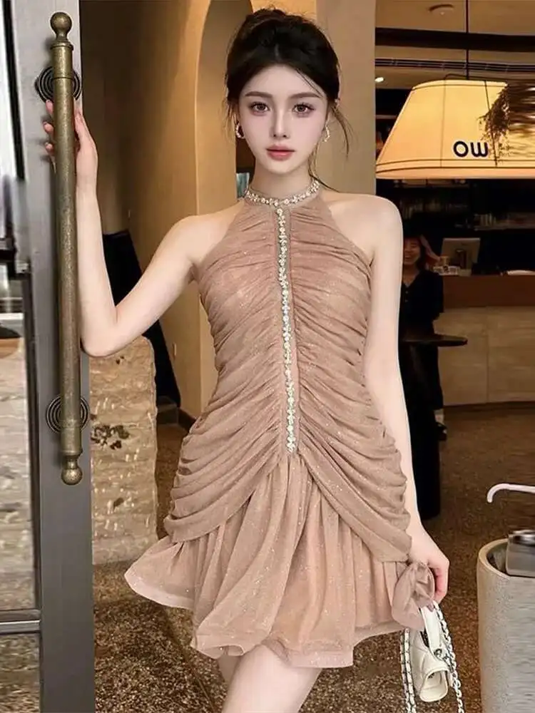 فستان أنيق للحفلات مزين بالترتر للنساء BabYoung بدون أكمام بدون ظهر بحاشية مكشكشة A-E فساتين سهرة صغيرة للسيدات لربيع 2025