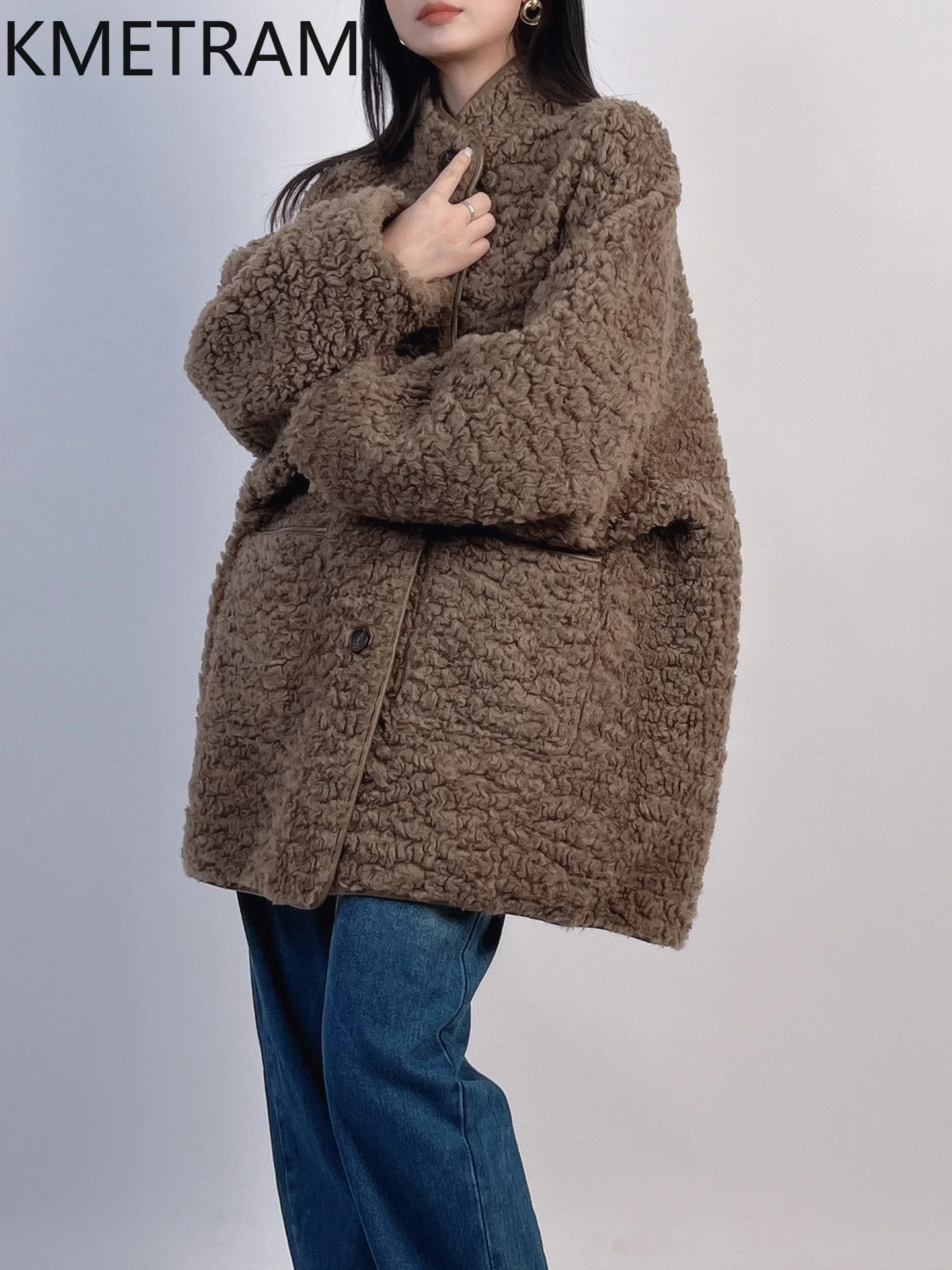معاطف صوف 100% من KMETRAM للنساء معطف متوسط الطول قابل للعكس ملابس شتوية سترة قص الأغنام الفضفاضة 2025 أسلوب نسائي