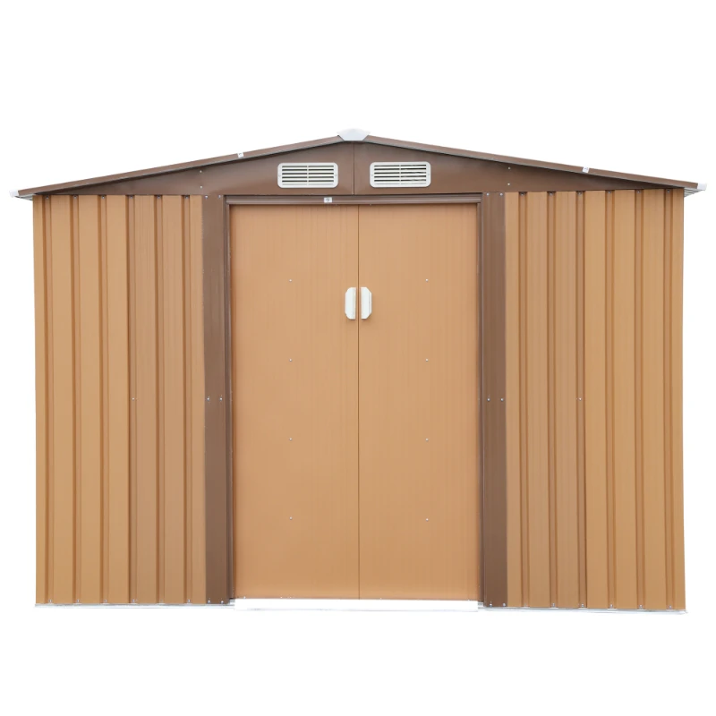 8' X 8' Ft Metal Outdoor Utility Storage House, Backyard Garden Tool Shed With Sliding Door, 4 Vents, Coffee Color Steel Sheet