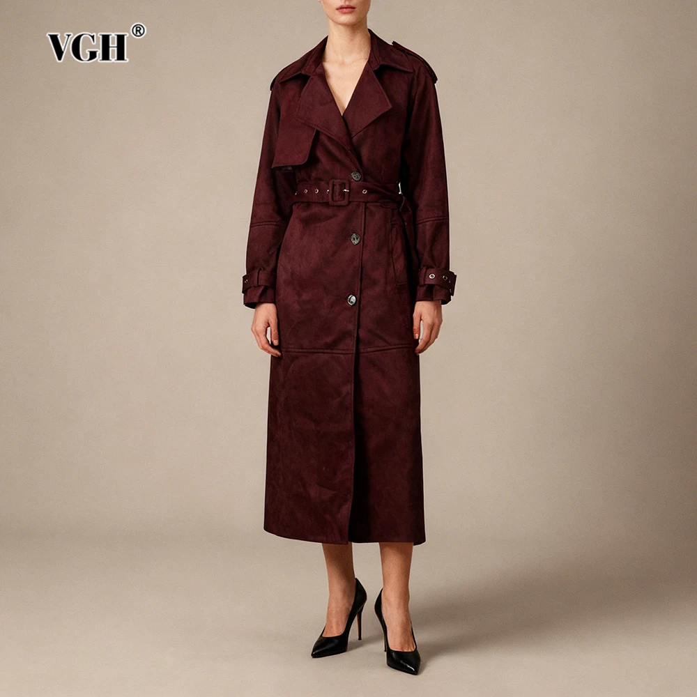 

VGH Elegant Vintage Suede Long Trench Coat for Women Notched Collar Patchwork Double Breasted Office Fashionable Jacket Female