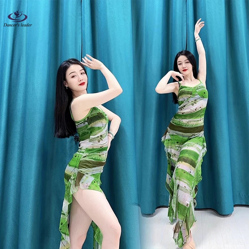 Belly Dance Practice Dress Fruit Green Print French Style Sexy Striped Sling dress Women's Hot Girl Dress Dance Costume