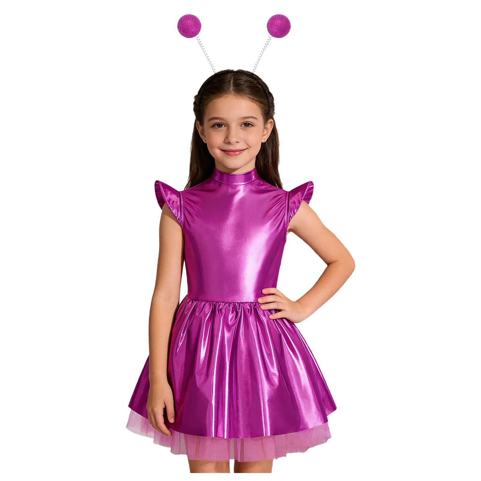 Kids Girls Alien Iridescent Glossy Flying Sleeve Invisible Zipper Ruffled Tutu Dress with Hair Hoop for Theme Party Performance