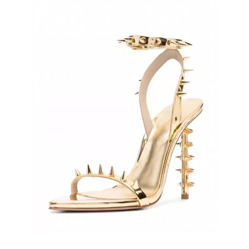 European And American Style Pointed Open Toe Sandals With Rivets And Irregular Heels Ultra-High Heel Belt Buckle Fashion Sandals