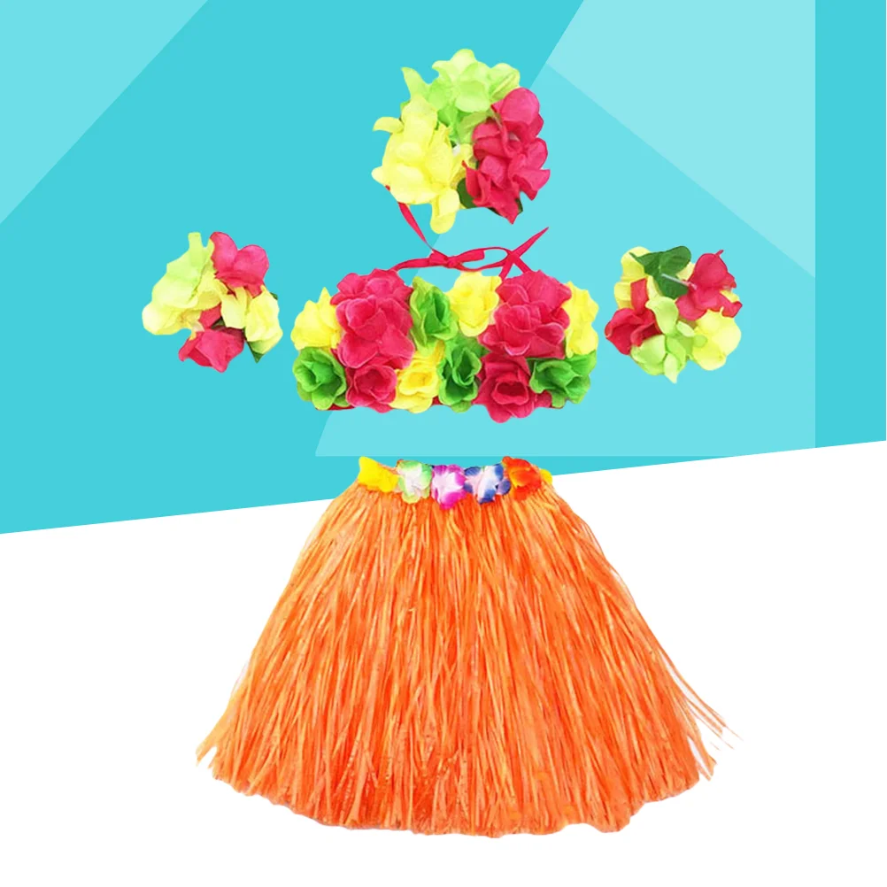 

5Pcs Hawaii Tropical Hula Grass Dance Skirt Flower Bracelets Headband Bra Set 40cm (Orange Skirt) Hawaii Grass Skirt
