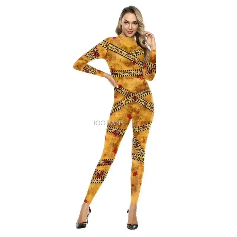 

2024 Women Performance Jumpsuit Halloween Bloodstain Yellow Warning Line Zentai Bodysuit Zip Catsuit Adult Cosplay Costume