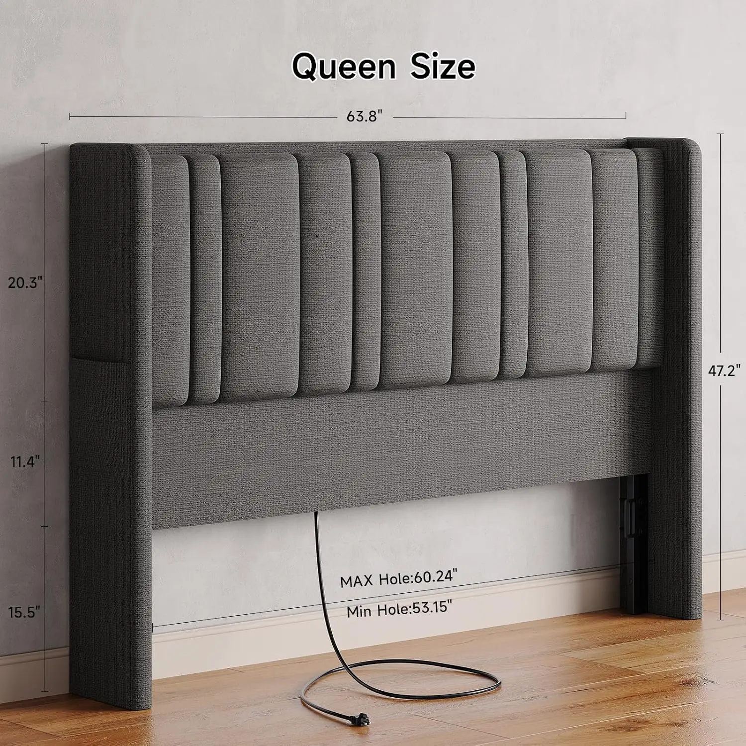 Headboard with Charging Station and LED Light, Gray, for Queen Size Beds