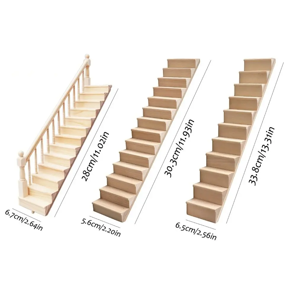 Decor Pretend Play 1:12 Dollhouse Furniture DIY Miniature Mini Stairway Model Wood Armrest Stairs with Handrail Scene Props