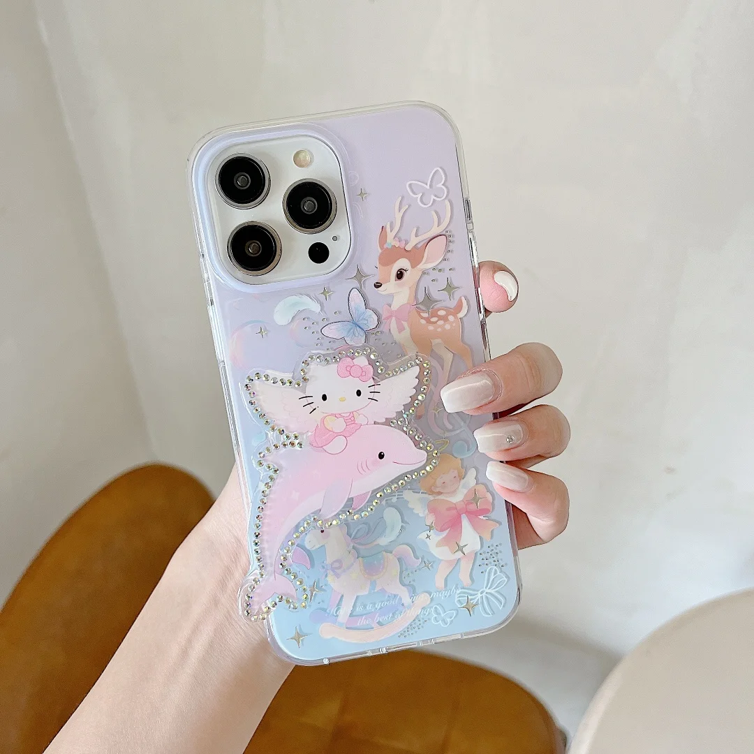 

Angel Hello Kitty Cat fawn Chic Glitter Rhinestone holder Phone Case For iPhone 13 14 15 16Pro Max Plus Shockproof Bumper Cover﻿