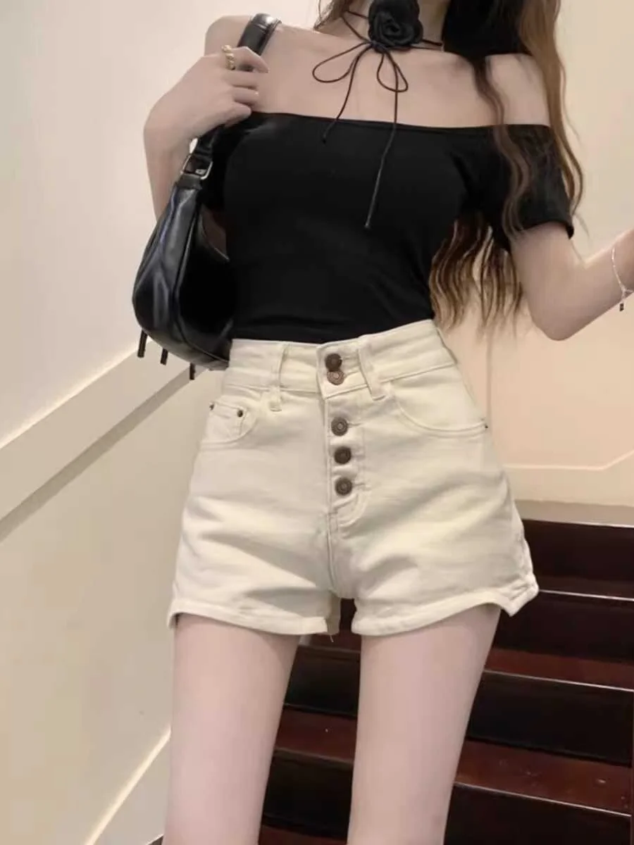 

American Style Spicy High Waist Denim Shorts Women Summer Thin Type Small Size Slim Elastic A-Line Wide Leg Hot Pants
