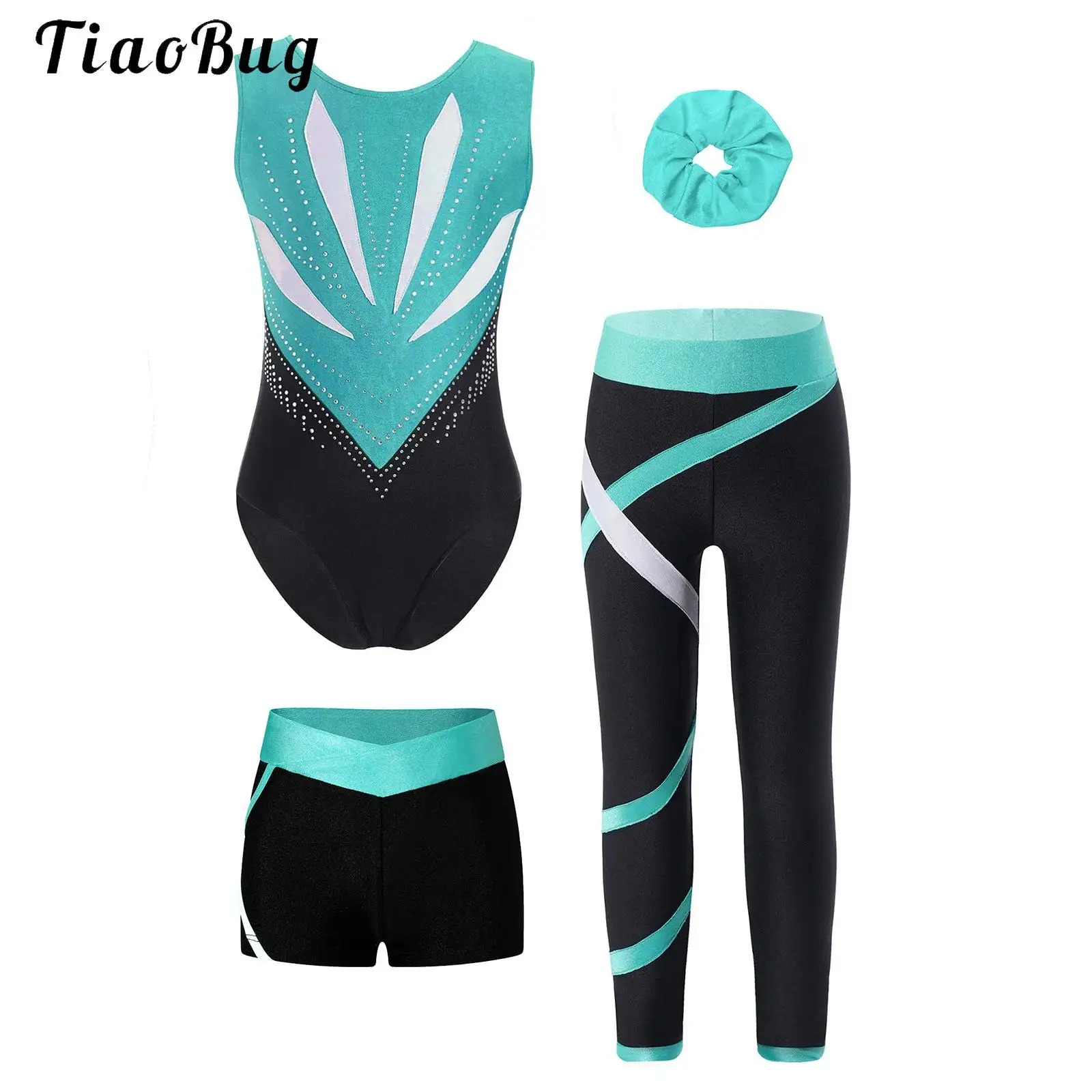 

Teen Girls Figure Skating Sports Suit 4Pcs Rhinestones Leotard Shorts Leggings Set for Workout Gymnastics Ballet Dance Training