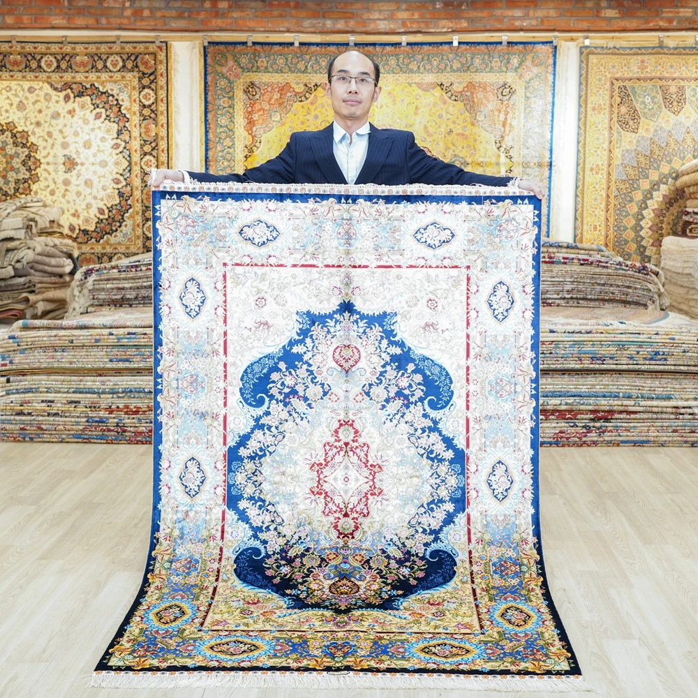 

122x183cm Tabriz Silk Carpet Hand Knotted Blue Floral Turkish Oriental Rugs (ZQG517A)