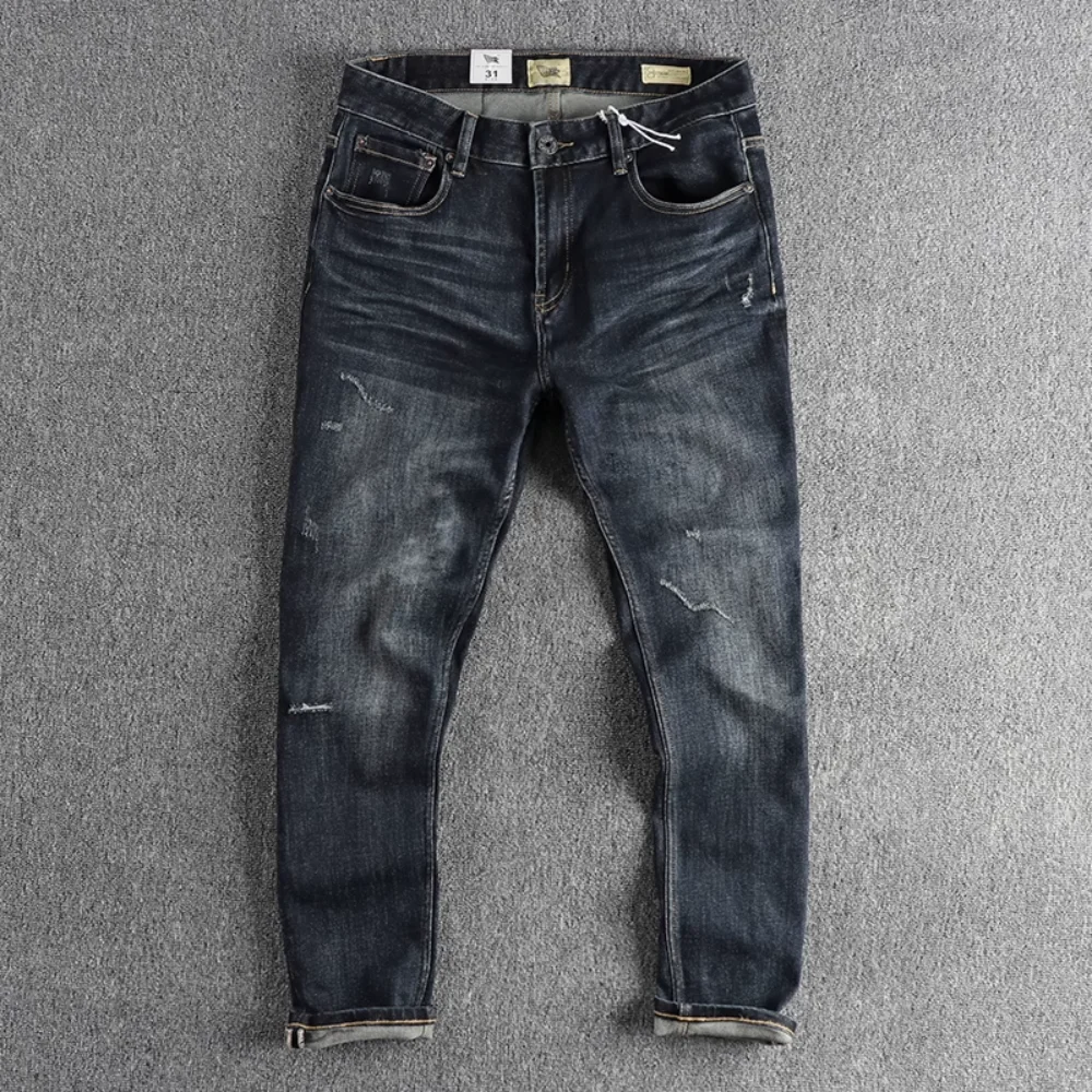 

Dark blue wash vintage cat beard worn jeans men's micro elastic comfortable small straight leg trend youth mid-waist pants