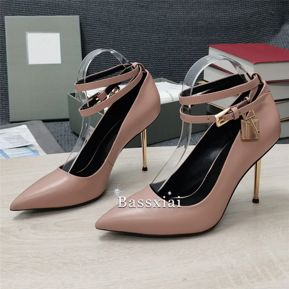 Sharp Metal Thin High Heel Women Pumps Locked Decor Strap Sexy Pointed Toe Genuine Leather Dress Shoes