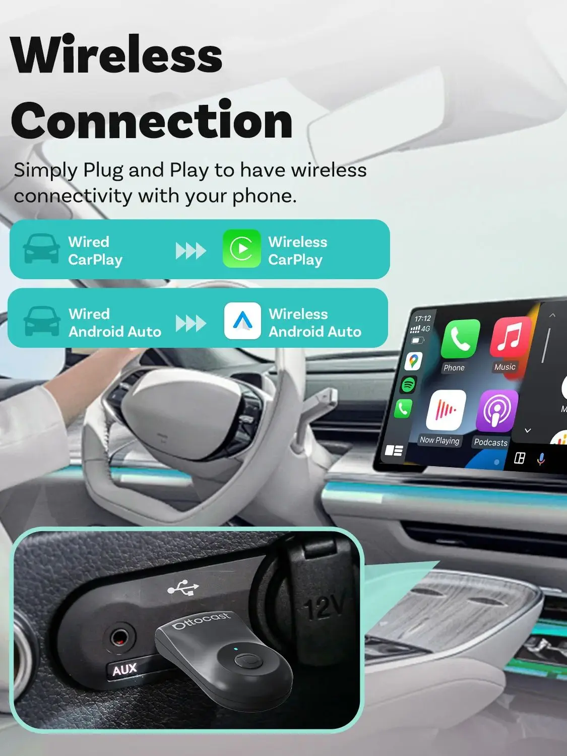 Ottocast Wireless CarPlay & Android Auto Adapter 2-in-1 Mini 5G Dual-Band WiFi Dongle Plug & Play Type-C/USB Voor 99% van de auto's 2026 - afbeelding 2