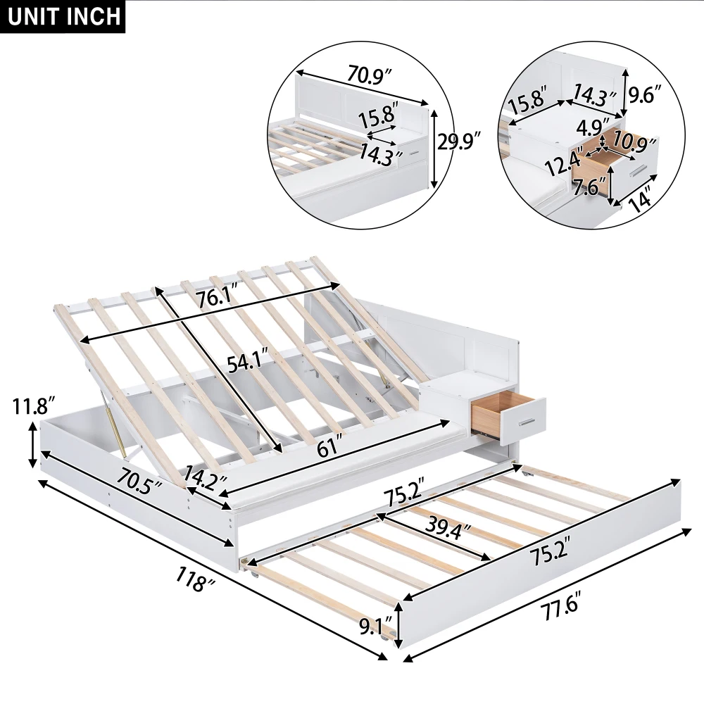 Storage Bed with Twin Size Trundle, Wooden Platform Bed with Lift Up Storage, Side Table & Lounge, Full Bed Frame for Bedroom