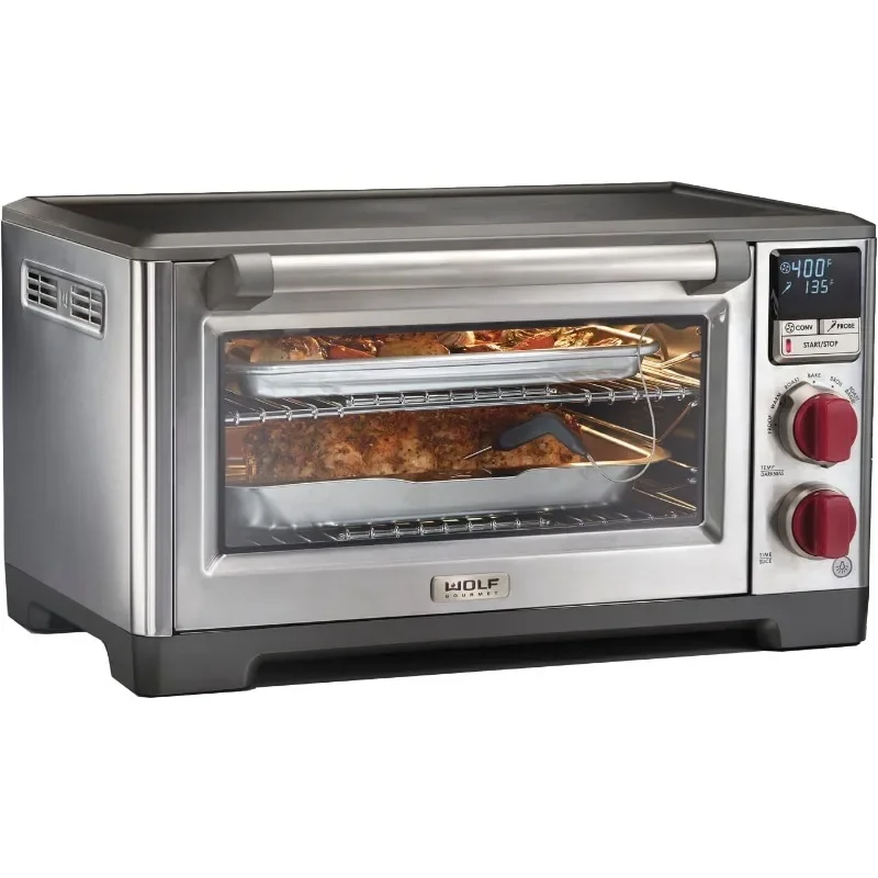 Wolf Gourmet Elite Digital Countertop Convection Toaster Oven with Temperature Probe, Stainless Steel and Red Knobs (WGCO150S)