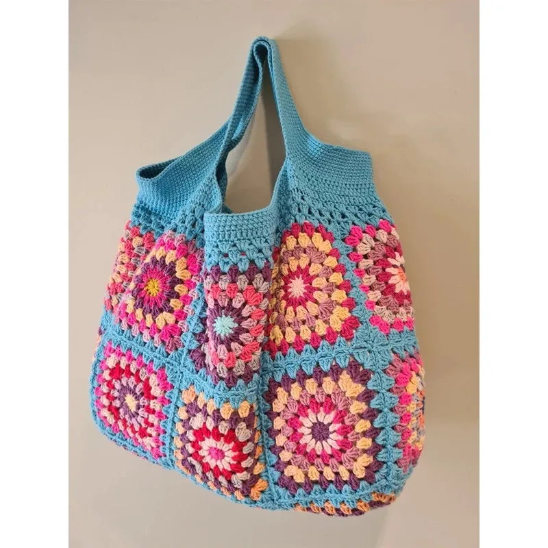 Bule Handbags Boho Hippie Square Flowers Bag for Women High-Capacity Crochet Cute Purses  Hollow Out Colorful DIY Knitting Bags