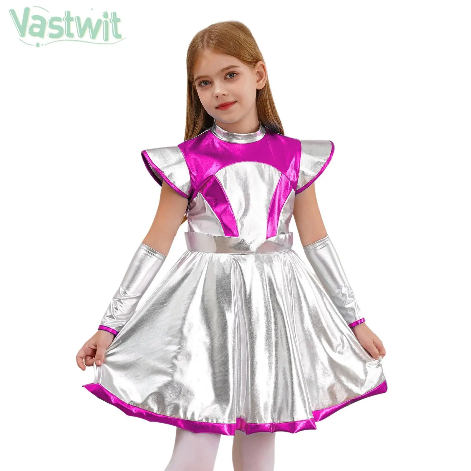 6-16Y Girls Alien Cosplay Dress Sleeveless Contrast Color Metallic Shiny Dress Halloween Theme Party Carnival Role Play Costume