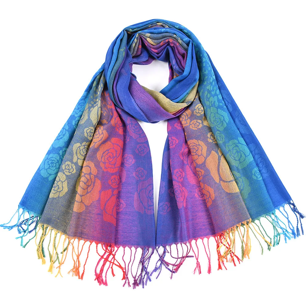 Rainbow Scarf Pashmina Shawl Rose Hijab Jacquard Foulard Women Handkerchief Winter Blanket Scarf Femme Sjaal Tassel Wrap