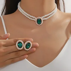 KMVEXO Vintage Imitation Pearl Necklace Earrings Jewelry Set for Women Emerald Crystal Choker Banquet Bridal Wedding Accessories