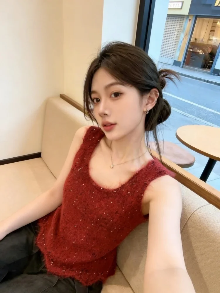 

Red Knitted Halter Neck Top Women's Fashionable Layering Self-Kept Style Commute Korean Version Short Sleeve Silk Blend