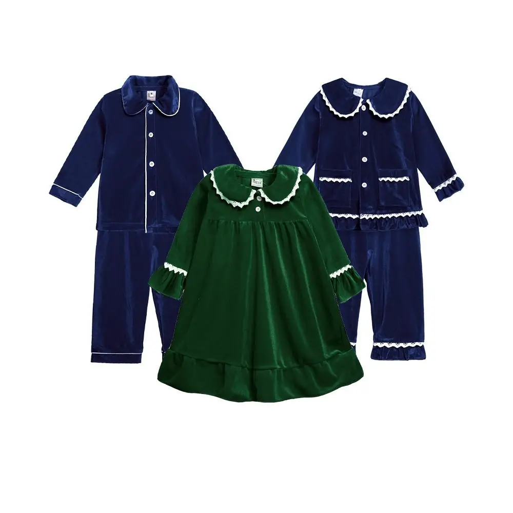 

Blue Velvet Children Pyjamas Set Long Sleeve Comfortable Family Matching Pyjamas Green Lace Christmas Dress Kids Baby Boy Girl