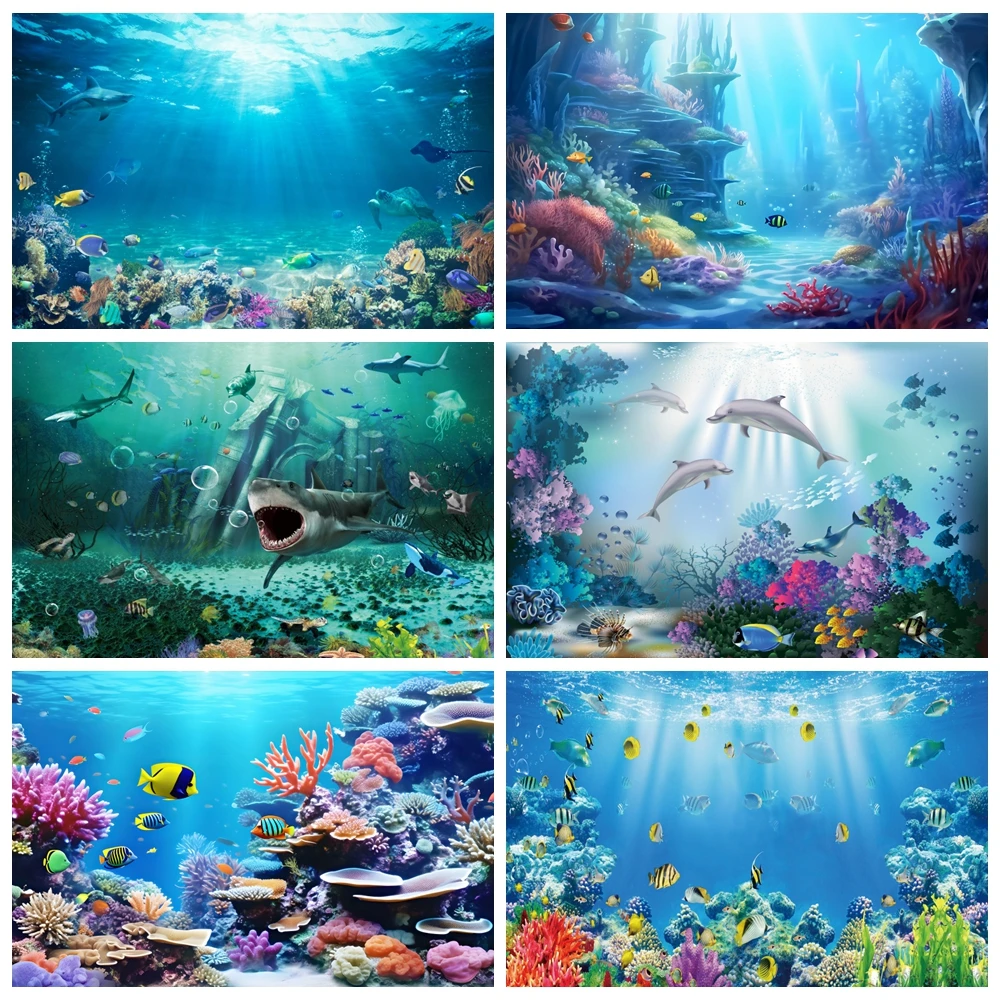 

Underwater World Fish Backdrop Under The Sea Seabed Coral Shark Dolphin Turtle Baby Birthday Party Photography Background Decor