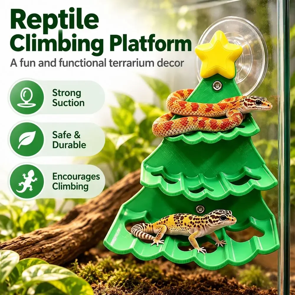Reptile Climbing Platform Plastic Forest Green Suction Cup Reptile Basking Platform Tree Shape Leaf Orange Christmas Tree Ledge