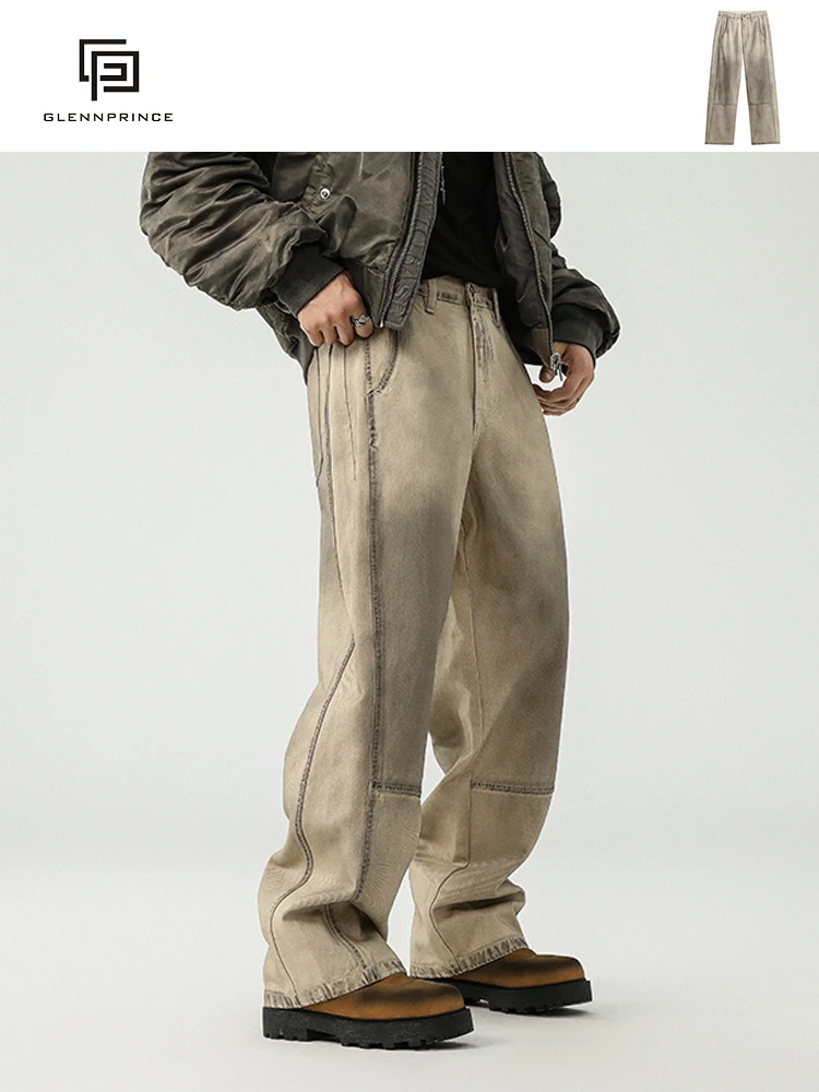 

Мужские джинсы прямого кроя в винтажном стиле с эффектом потертости, осенний уличный дизайн, свободный крой, молодежный тренд, повседневные, хлопок