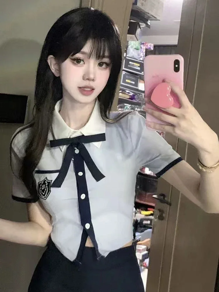 Xiaoyou Schattig Schoolmeisje Koreaanse Serie Uniform Preppy Set Blauwe Shirts Tweedelige Set Vrouwen Yoyo Nieuwe Lente En Zomer