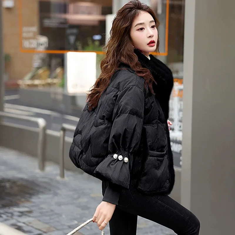 Lightweight Puffer Coats for Women, Standing Collar Outerwear, Luxury Pearls, Short Down Jackets, Winter, New, 2024