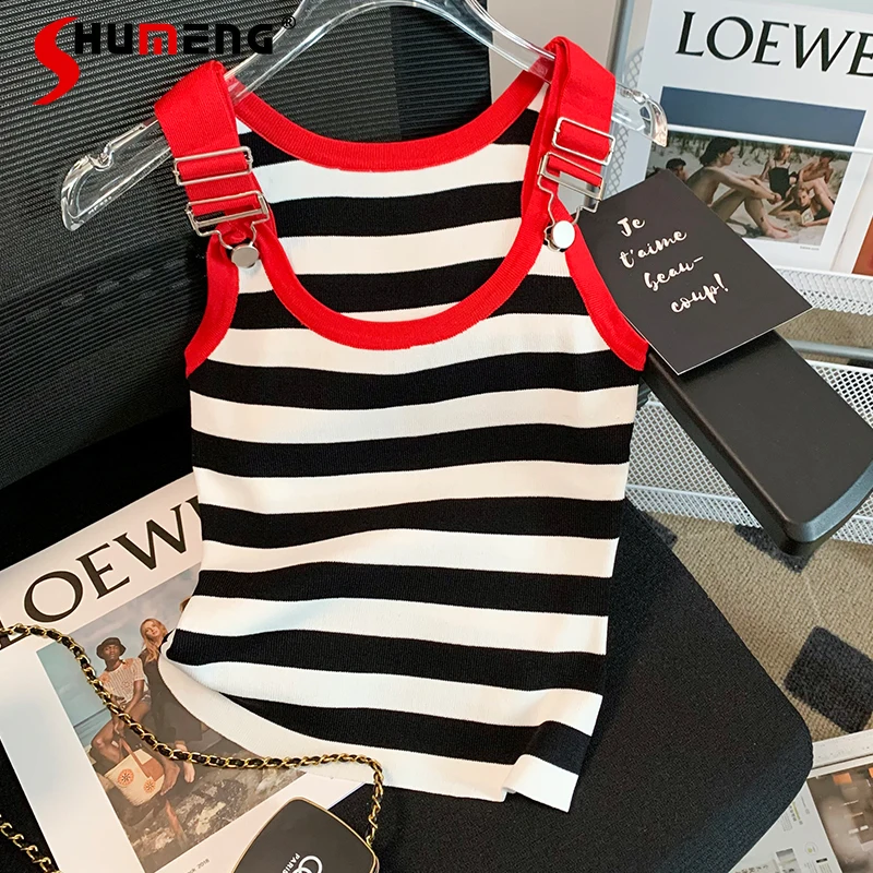 Female New Fashion Contrast Color Striped Sleeveless Camisole Top Women's 2022 Summer Sweet Slim Fit Round Neck Pullover Tank