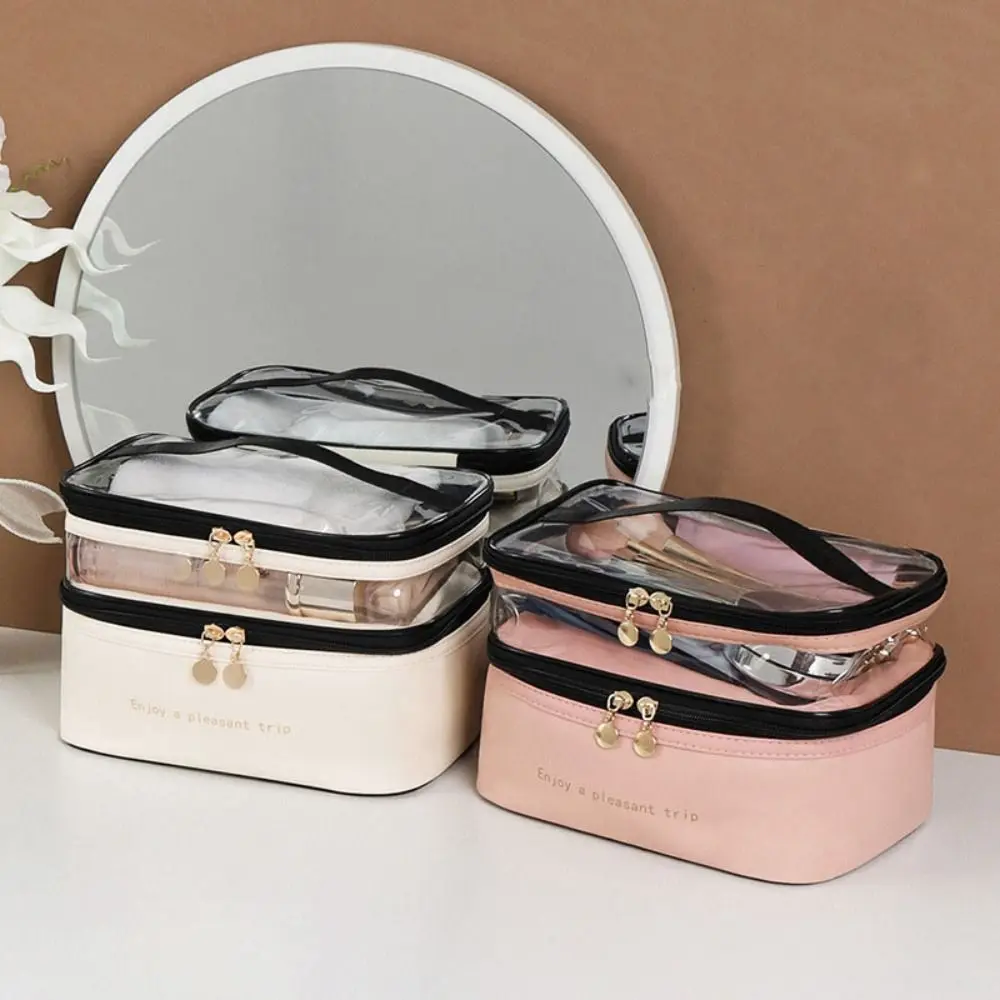 

Waterproof Transparent Cosmetic Box PU Double Layers Travel Toiletries Storage Bag Dry and Wet Separation PVC