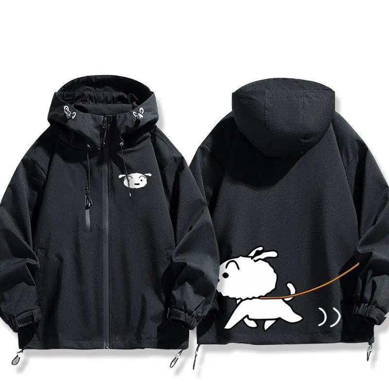 Anime Crayon Shinchan Graphic Windproof Jacket Cute Printed Hooded Windbreaker, Long Sleeve Zip Casual Light Outdoor Sports Coat