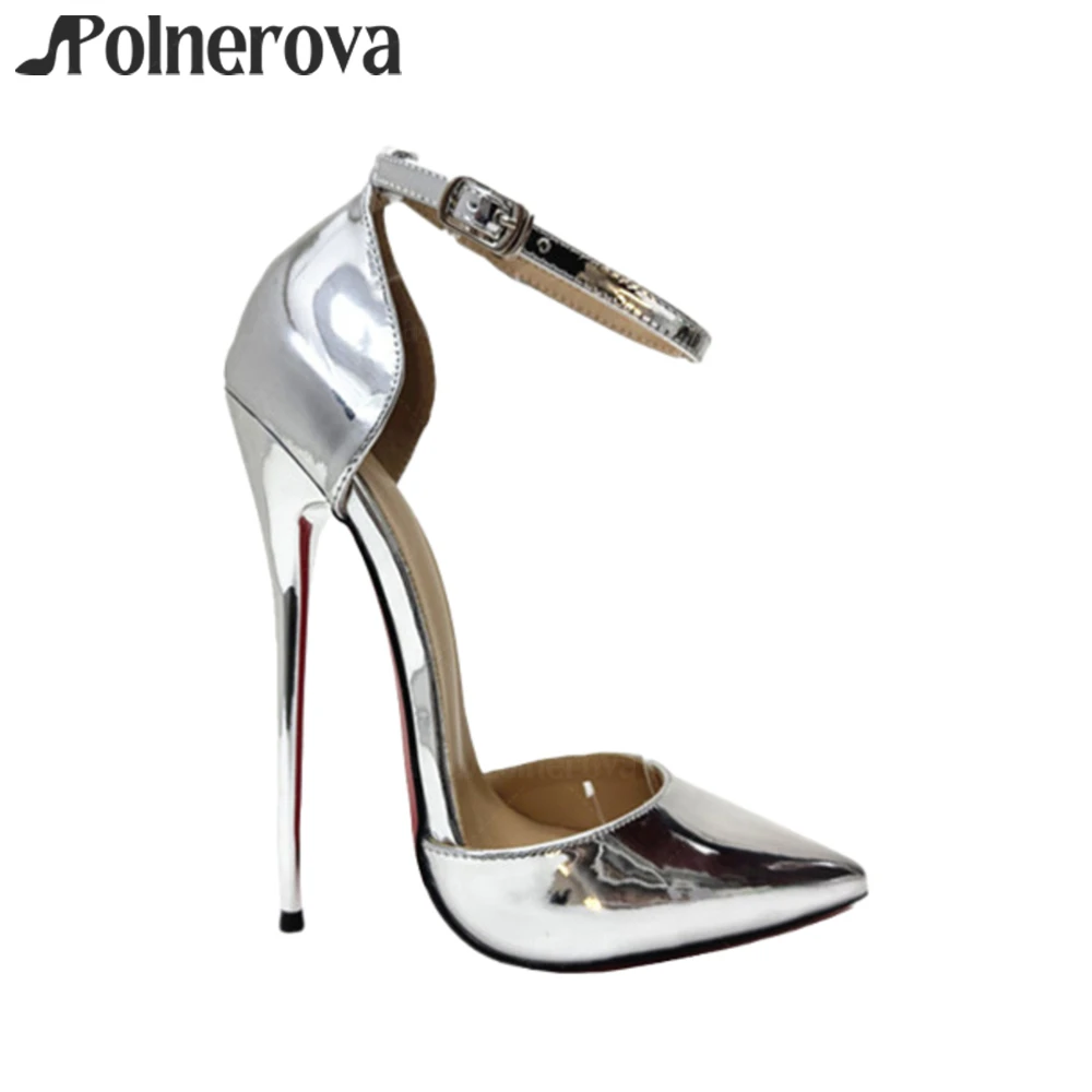 

Metallic Silver Leather 16cm Stilettos Sexy Pointed Toe Side Hollow Pumps Mirrored Patent Leather Buckled High Heels for Women