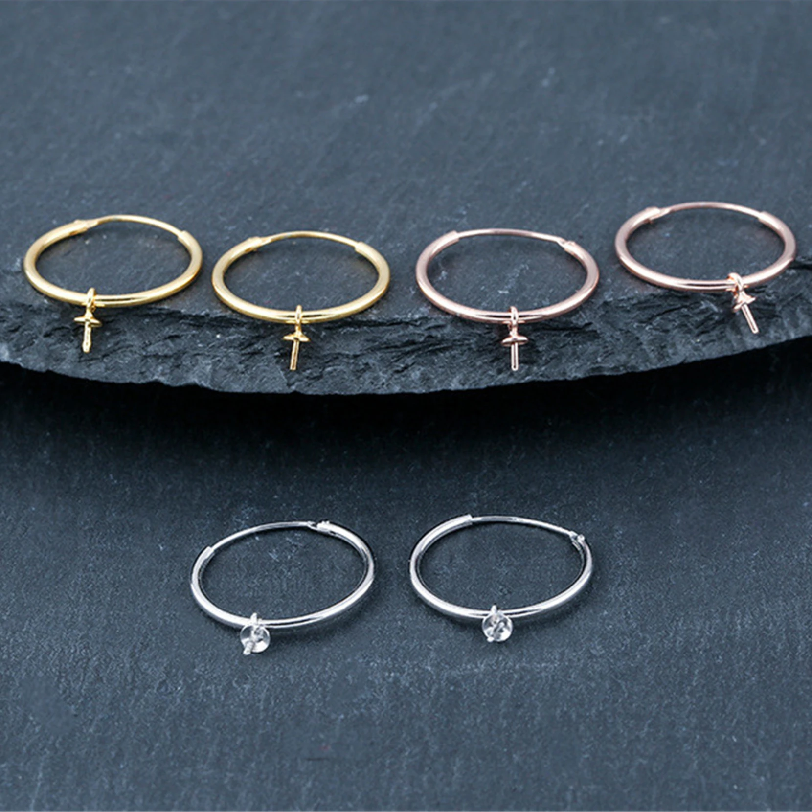 2 pairs Sterling Silver Earring Settings for 4-10mm Round Beads Gold Plated 925 Silver Earring Hoop Components E184B