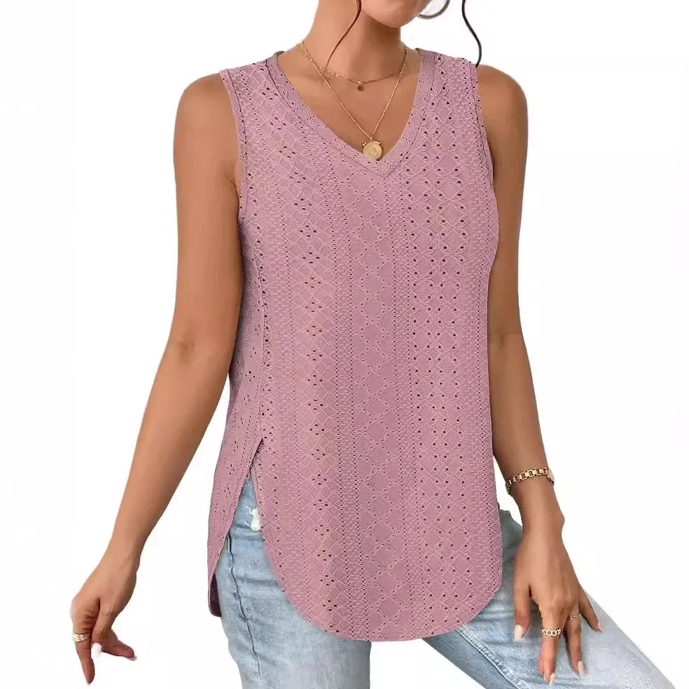 Casual Summer Hollow Out V Neck Sleeveless Blouses for Women Fashion Elegant Loose Tank Tops for Women Solid Pullover Tunic