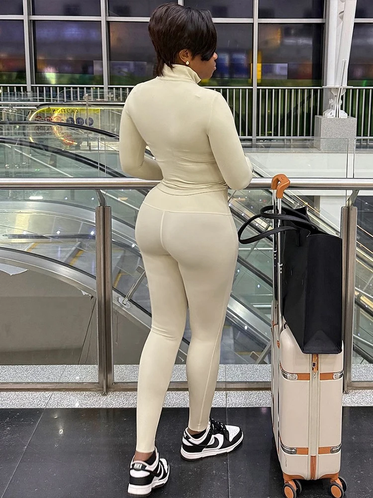 Kliou Casual Semplice Set da 2 pezzi Donna Zip Colletto alla coreana Top a maniche lunghe + Pantaloni lunghi skinny Tuta classica di moda quotidiana di base