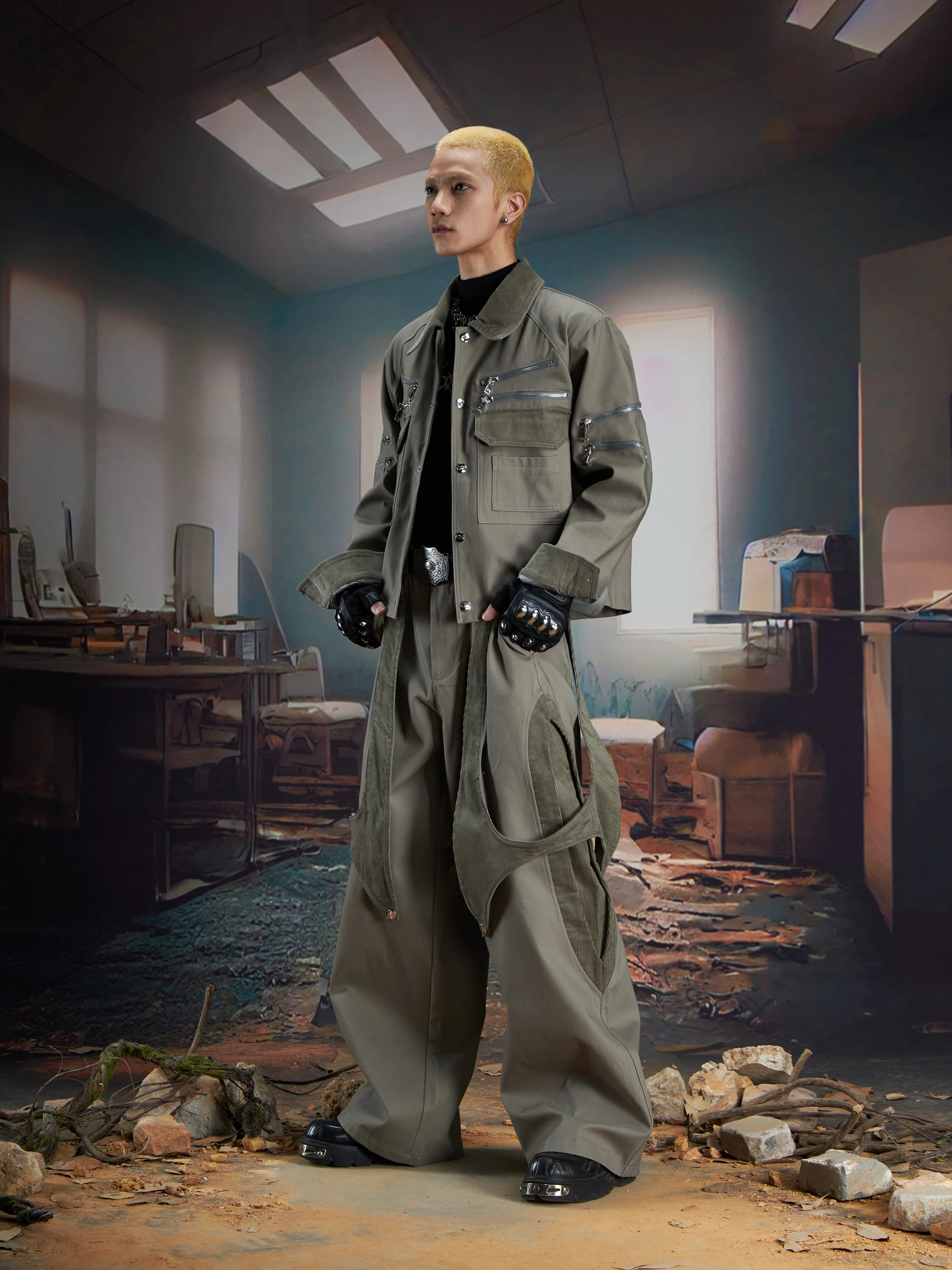 Deconstructing Corduroy Stitching Zipper Decorations Buttons Collar Jacket Loose-Fitting Short Coat