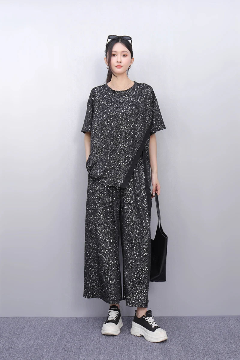 

2025 Summer New Fashion Women Short Sleeve Loose Top Wide Leg Pants Two-piece Set J1019