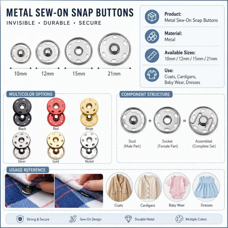 10/20/30 Sets 10-21mm Metall-Druckknöpfe für Hemden und Jacken, Versteckte Druckknöpfe zum Nähen – Detail 2