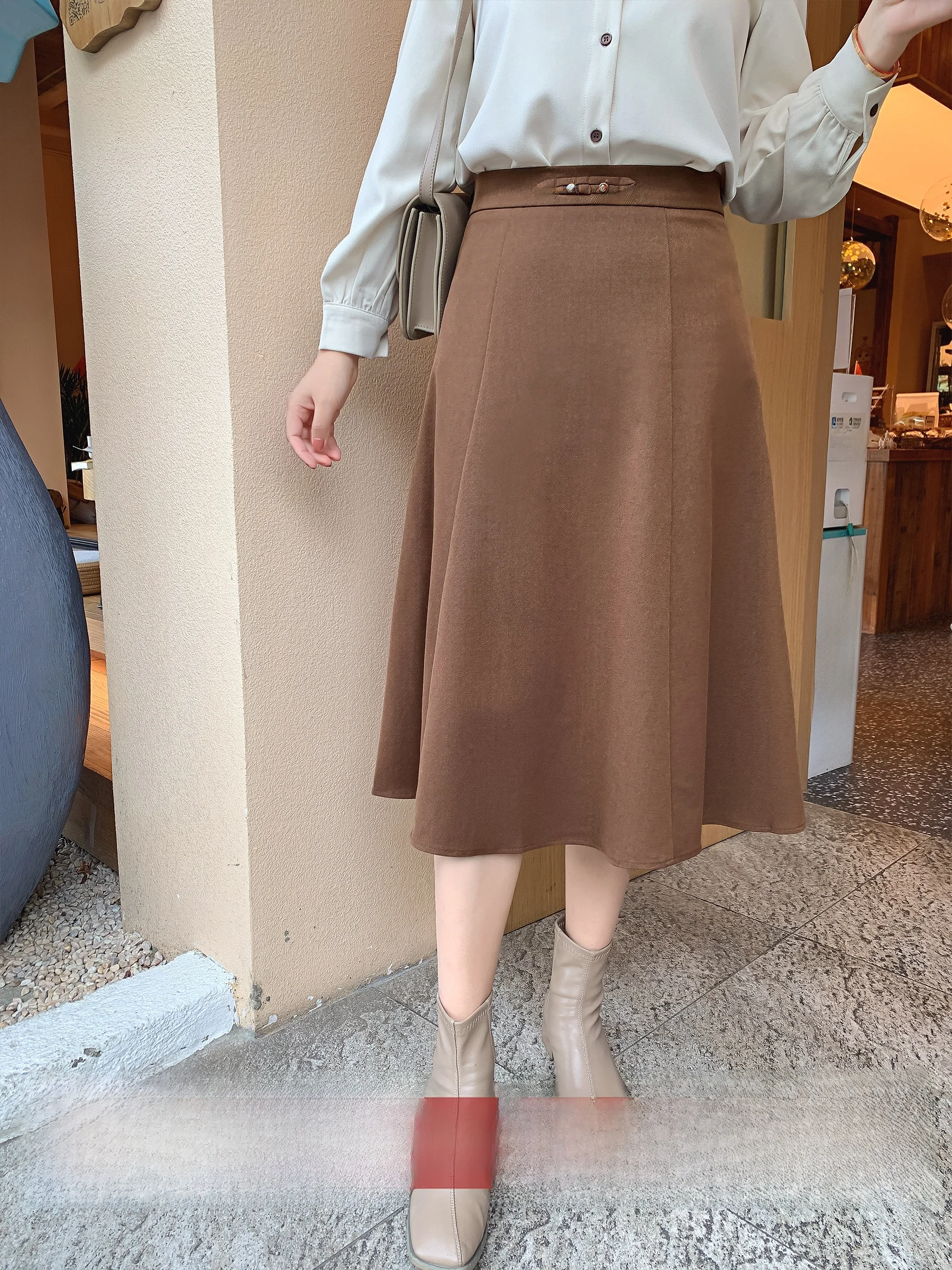 

Classic A-Line High Waist Slimming Midi Skirt Women's Woolen Long Skirts 3 6 Sles Chinese Sle Busin Casual Skirts