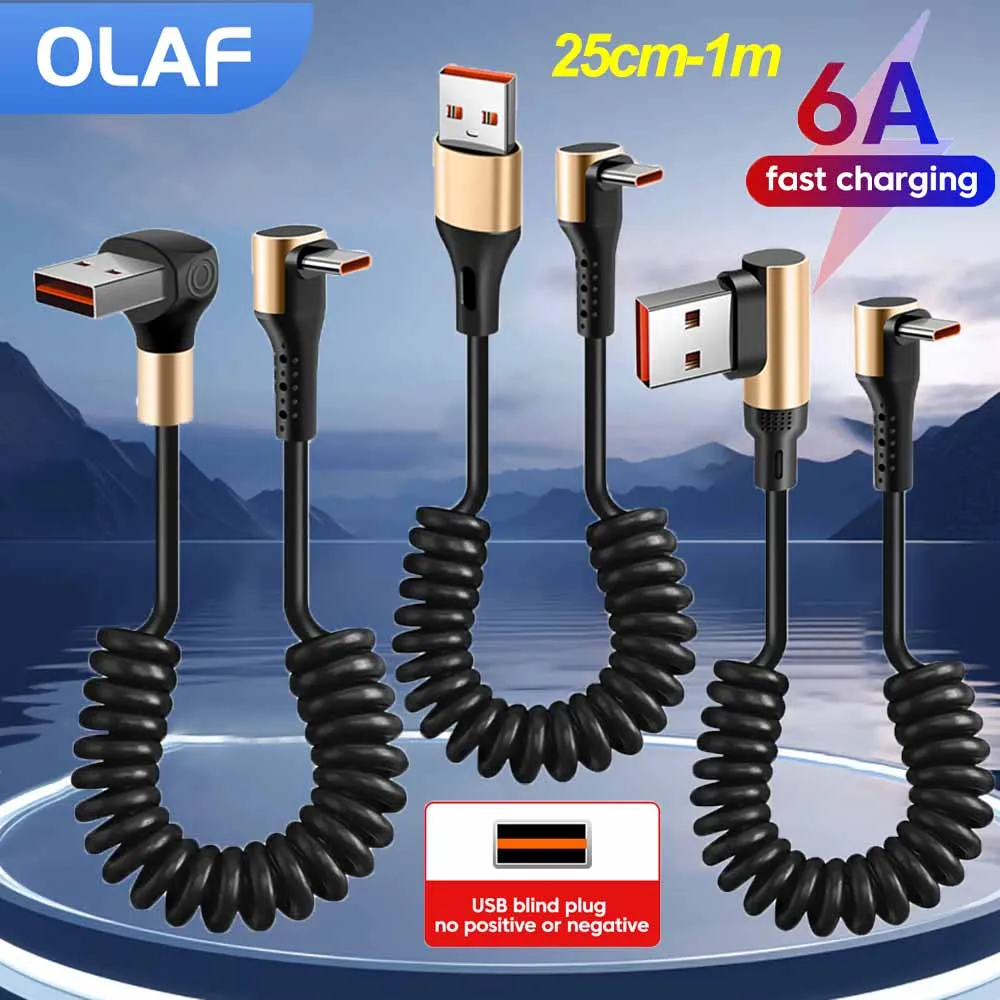 

6A USB to Type C Fast Charging Cable 66W 90 Degree Elbow USB C Data Cable For iPhone 16 15 Samsung 1M Retractable Type C Cable