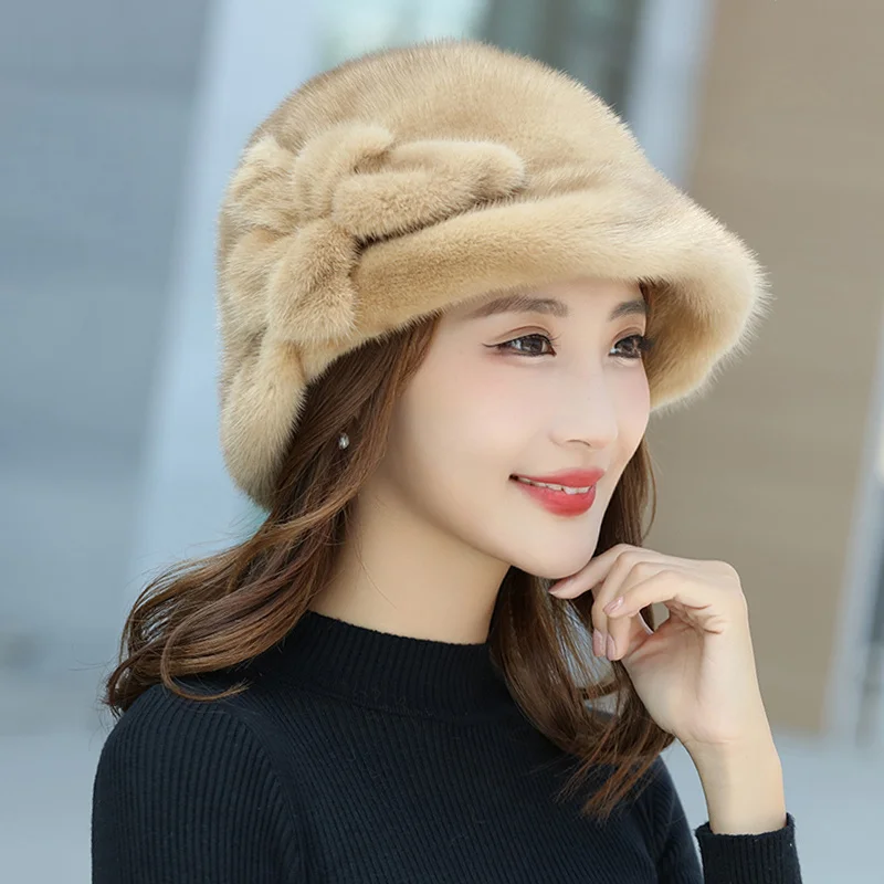 100% Real Mink Fur Hat Edamame Beanie For Girls Soft Thickened Furry Beret Ladies Hat Elegant Winter Outdoor Windproof Warm Hat