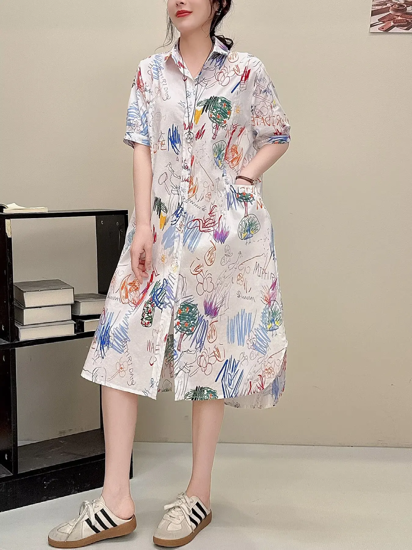 100% Cotton women dresses summer Japan harajuku fashion short sleeve black white cartoon graffiti printed shirts dress view 2