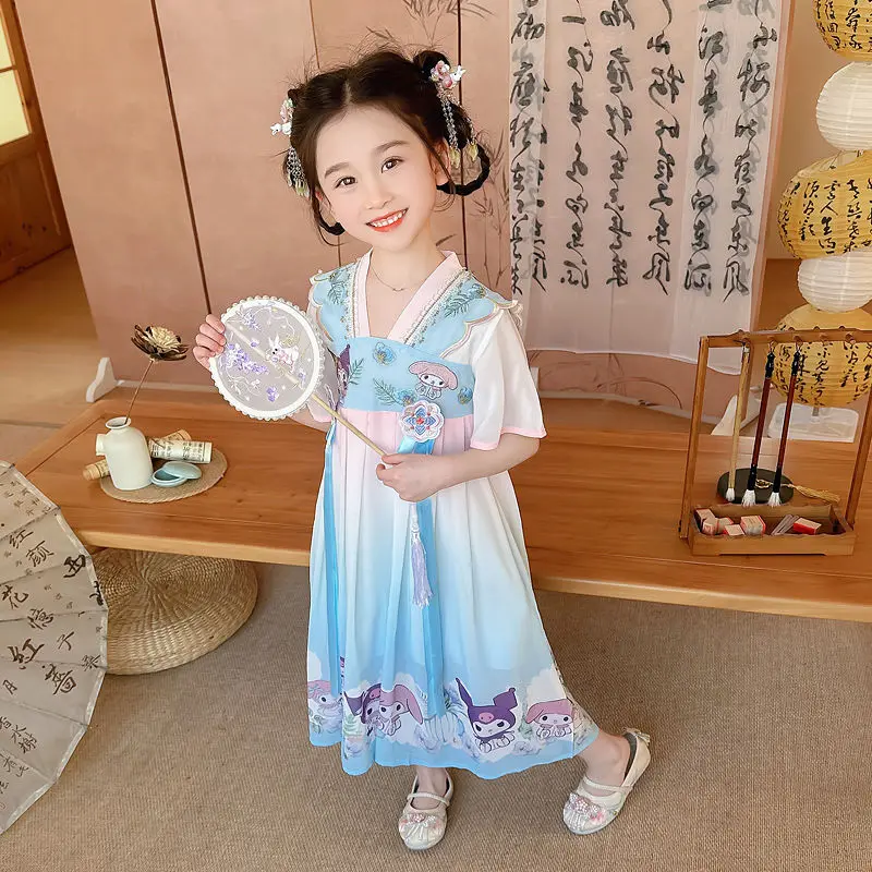 Sanrioed Mijn Melodie Meisjes Jurk Zomer Sanrios Kuromi Hanfu Chinese Kinderen Oude Kleding Korte Mouw Prinses Jurk Cadeau