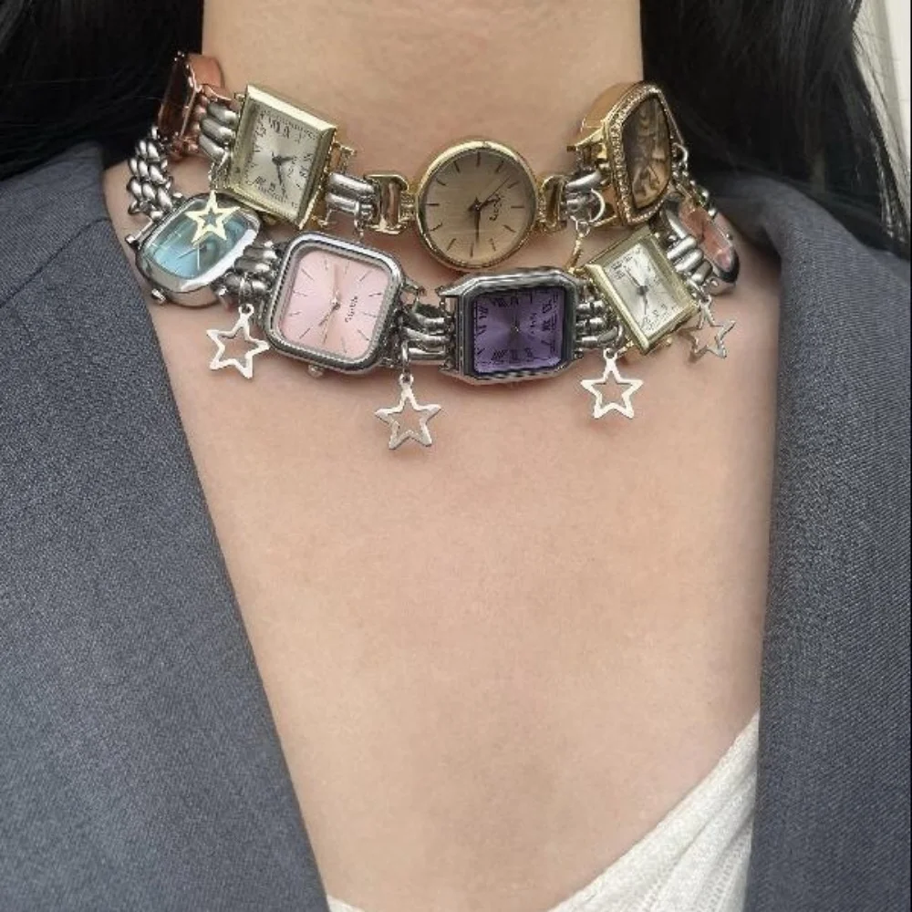

Vintage Heart Watch Choker Necklace woman Silver Layered Y2K Clock Jewelry Silver Chain Choker Cross Elegant Pearl Watch Gift