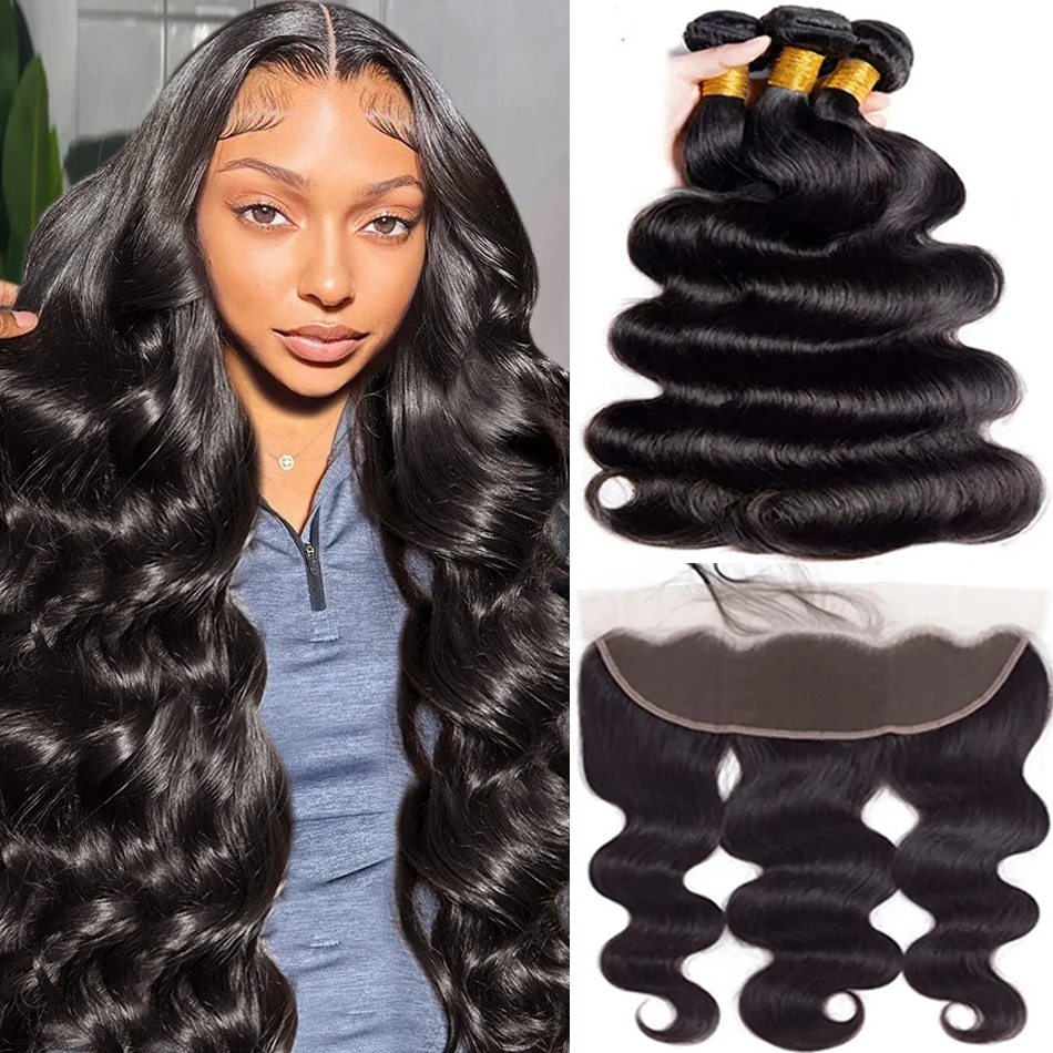 

Body Wave 3 4 Bundles With 13x4 Frontal Brazilian Remy Hair Weave 100% Natural Water Wave Human Hair Extensions 28 30 32 Inch